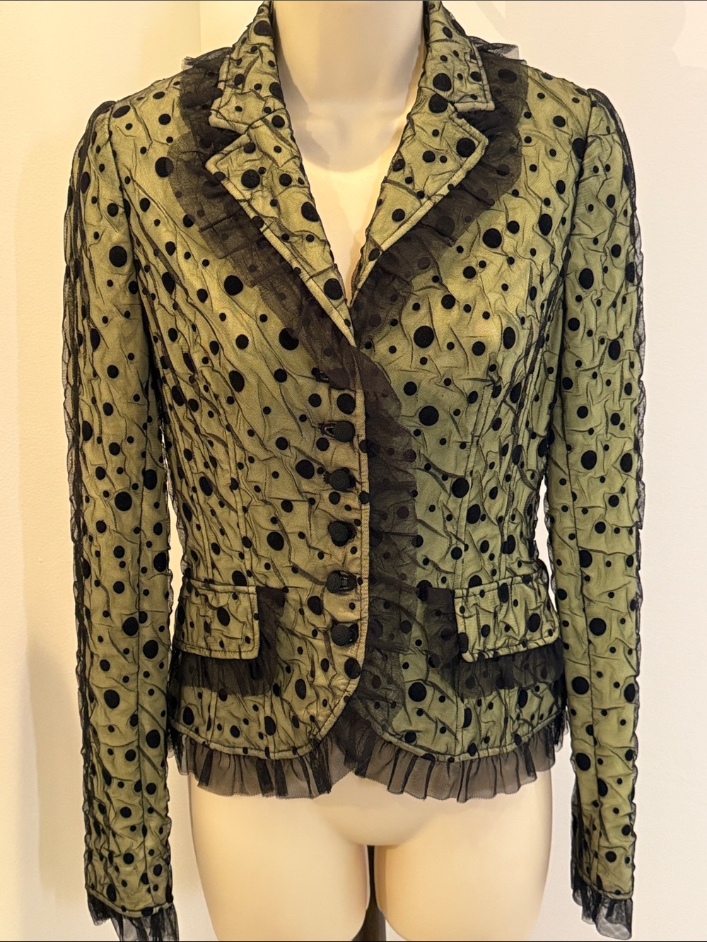 Rickie Freeman Teri Jon Olive Polka Dot Ruffle Blazer Jacket